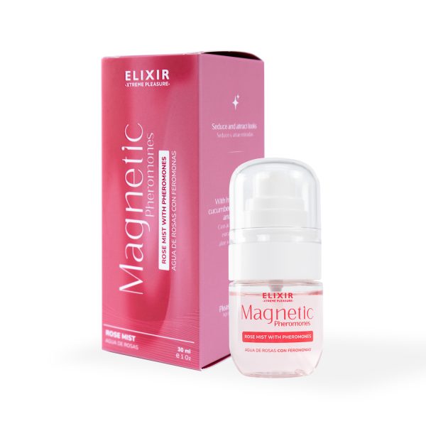 Empaque y frasco del Agua de Rosas con Feromonas Magnetic Elixir de 30 ml. Spray facial unisex con ácido hialurónico, pepino, aloe y vitamina C.