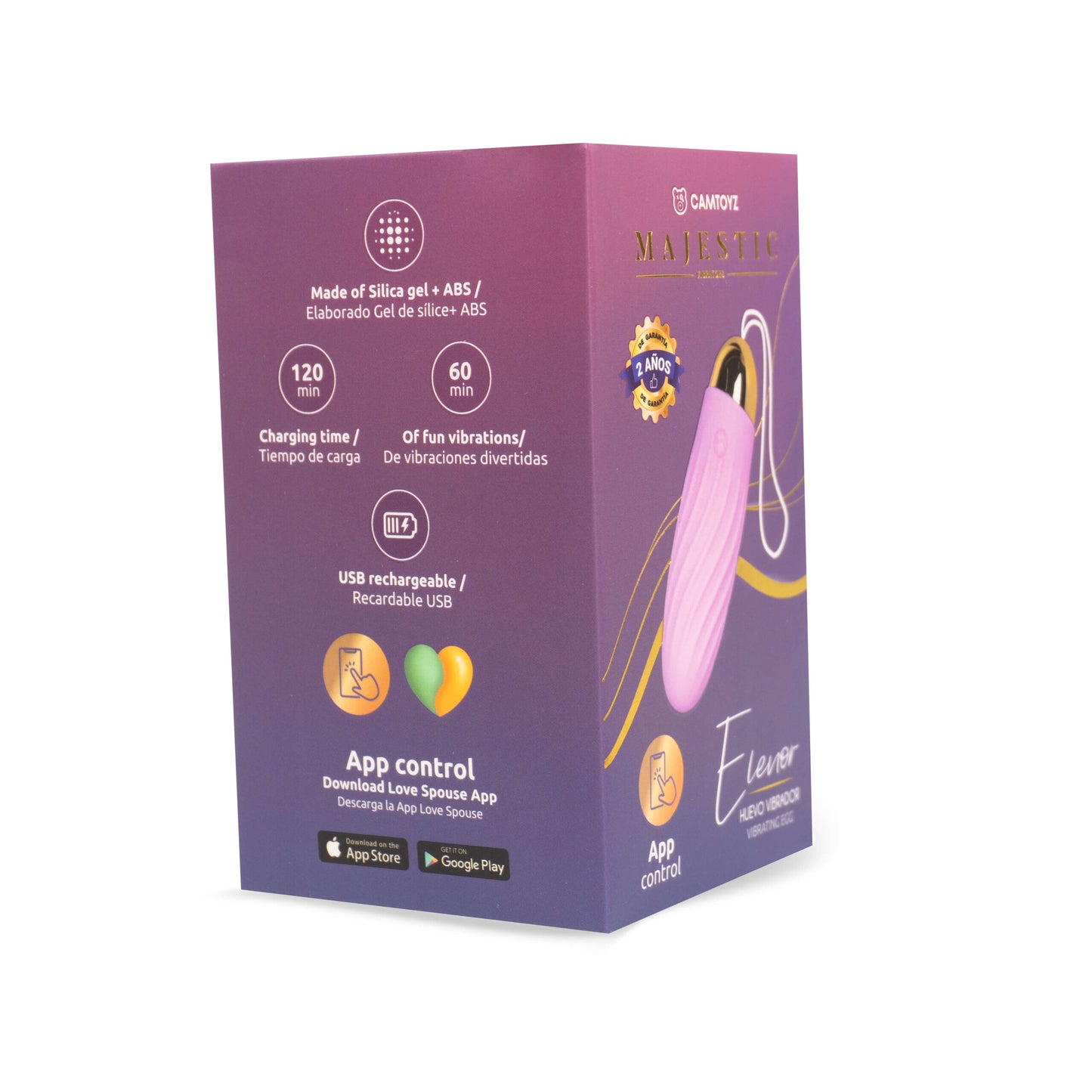 Caja de presentación del Huevo vibrador Elenor Majestic Rosado con detalles informativos. La caja púrpura y dorada resalta su compatibilidad con la app 'Love Spouse', disponible en Google Play y App Store. Incluye íconos que indican que es recargable por USB, tiene un tiempo de carga de 120 minutos y proporciona 60 minutos de vibraciones divertidas. El sello de garantía de 2 años de Camtoyz es claramente visible.