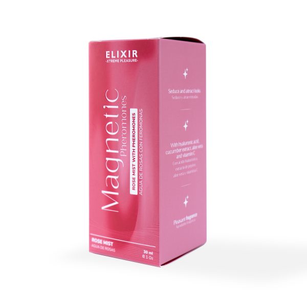 Caja lateral del producto Magnetic Elixir mostrando beneficios como hidratación, atracción con feromonas y aroma agradable.