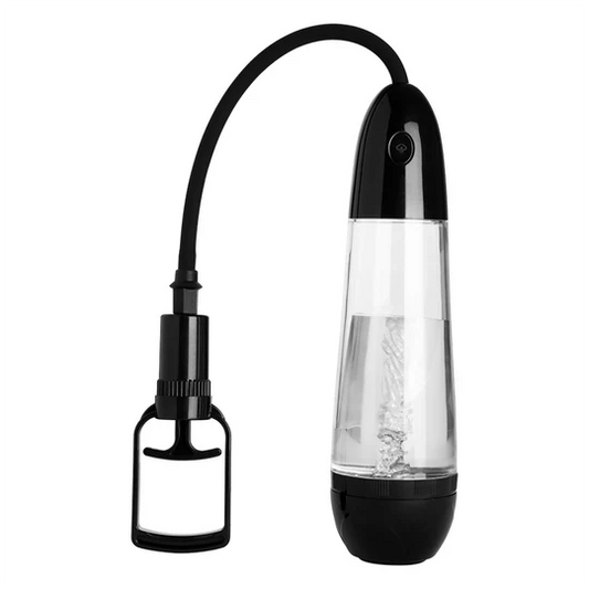 Bomba para el pene manual Pumping de color negro con cilindro transparente, conectada a una manguera y válvula de succión tipo pistola.