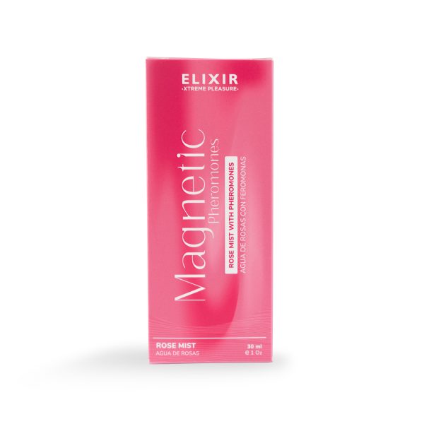 Vista frontal de la caja del Agua de Rosas con Feromonas Magnetic Elixir. Diseño en tonos rosados y detalles de ingredientes.