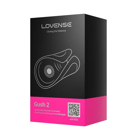 Caja del Lovense Gush 2, con diseño elegante en negro y rosa, mostrando su compatibilidad con control remoto.