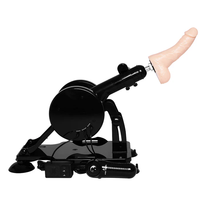 Máquina sexual Deezer lista para usar con control, fuente de poder y dildo instalado.