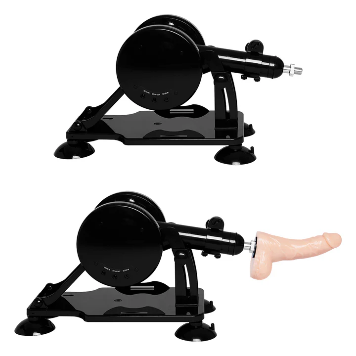 Máquina sexual Deezer en ángulos diferentes mostrando penetración con dildo.