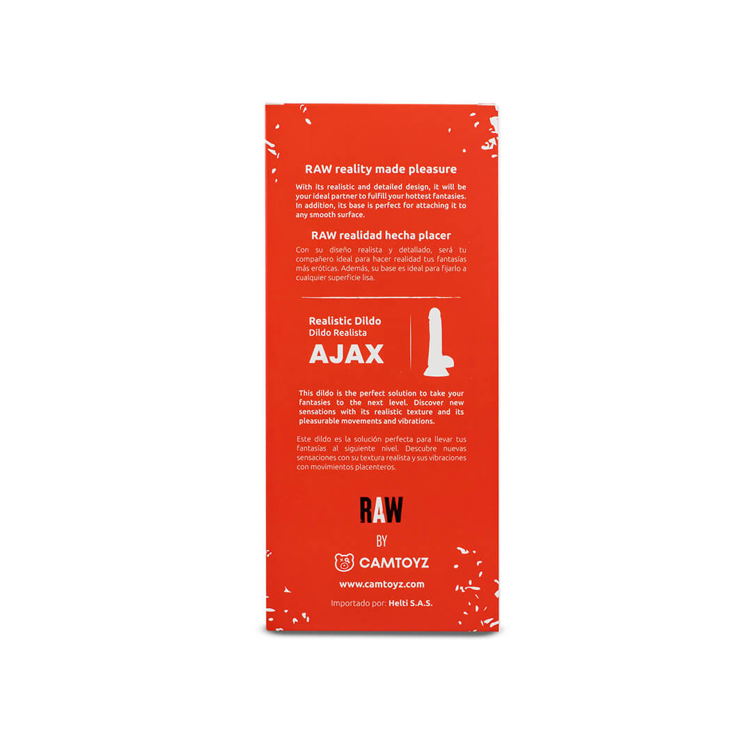 Lado del empaque del dildo Ajax con descripción bilingüe y beneficios del producto