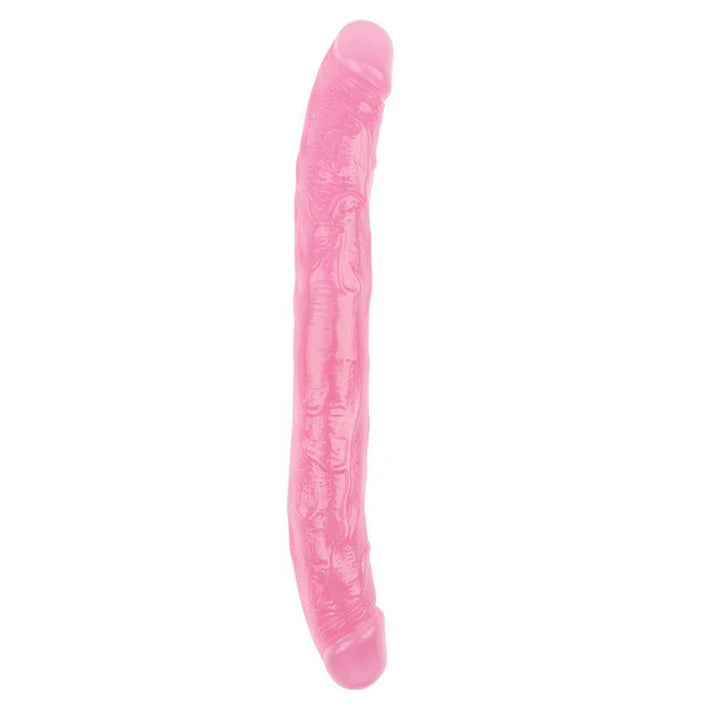Dildo doble con textura venosa, color rosa, de 32.5 cm, diseñado para uso compartido o doble estimulación.