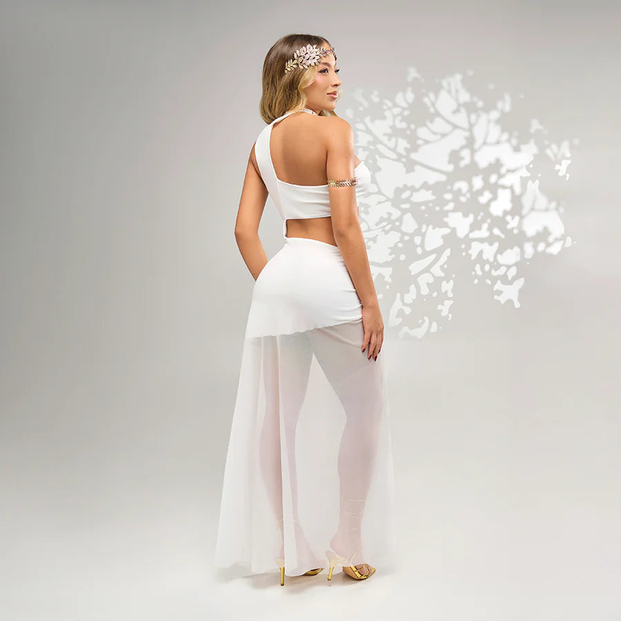Vista posterior del disfraz Diosa Aphrodite blanco con falda translúcida y diseño moderno de un hombro descubierto.