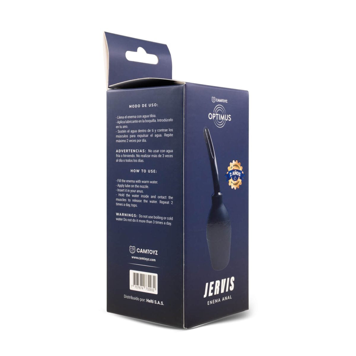 Caja lateral del Enema Anal Jervis Camtoyz con instrucciones de uso en español e inglés
