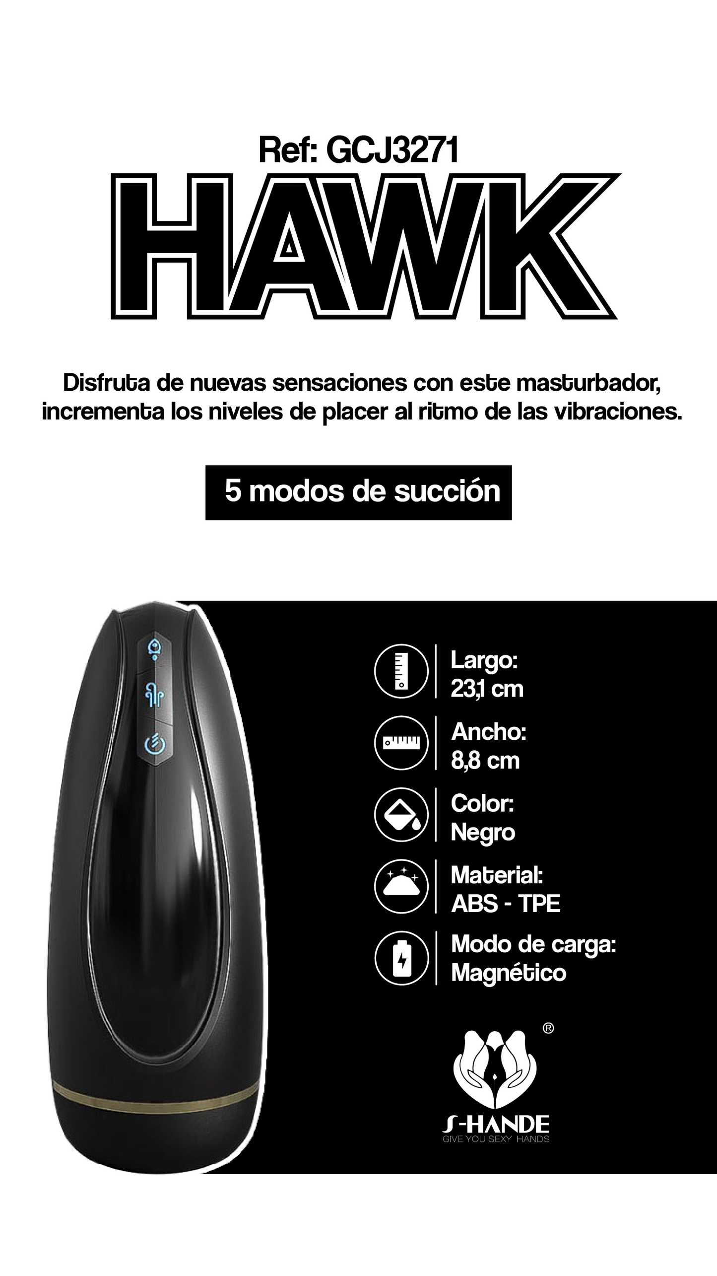 Especificaciones del Hawk, mostrando dimensiones, material y tipo de carga magnética.