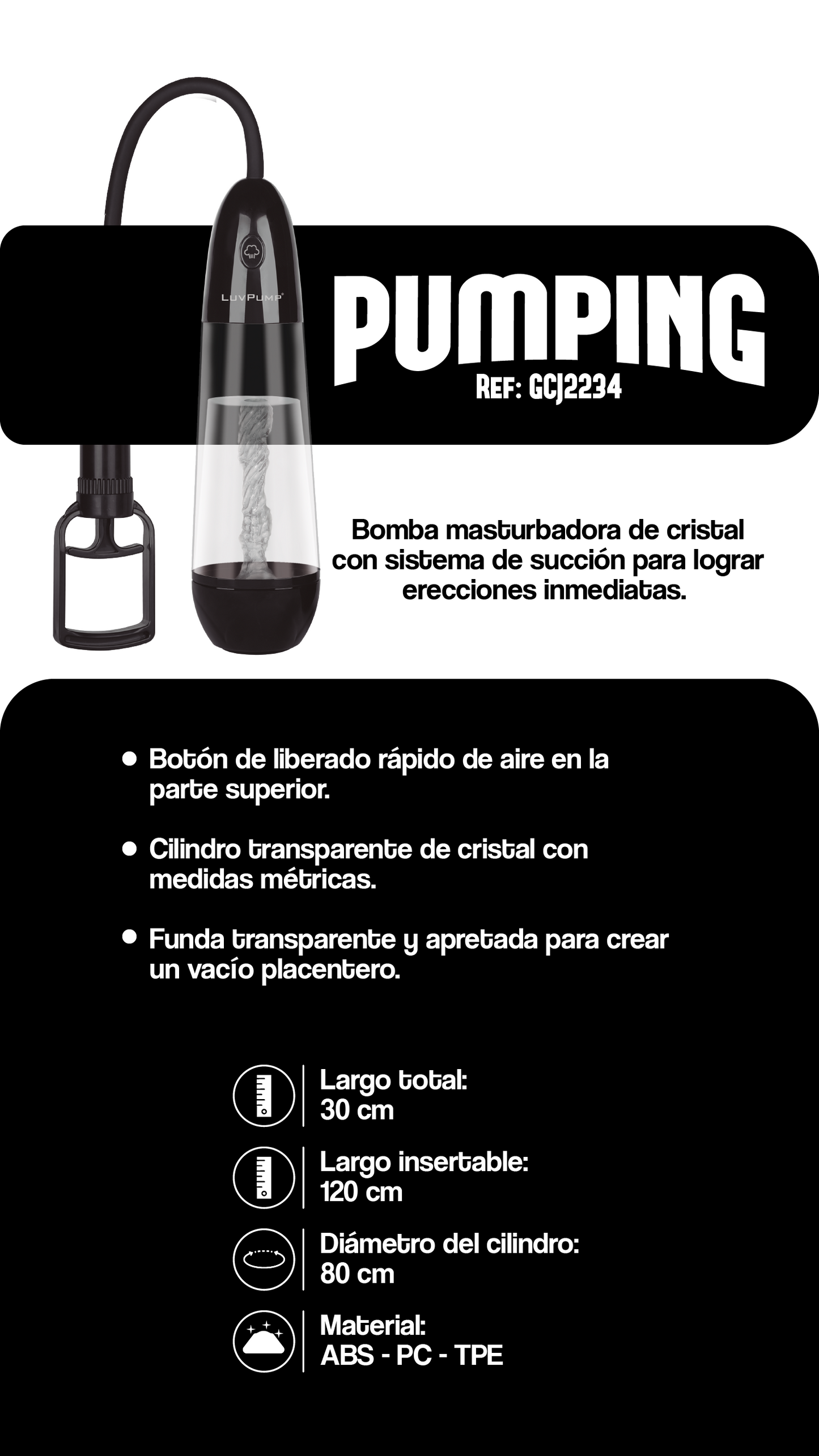 Infografía técnica de la bomba masturbadora Pumping con detalles de tamaño, materiales y funcionalidades destacadas.