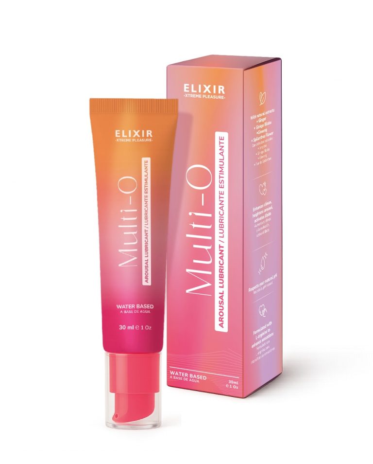 Lubricante íntimo Multi-O Elixir de 30 ml, fórmula a base de agua con efecto afrodisíaco, vista del tubo y caja.
