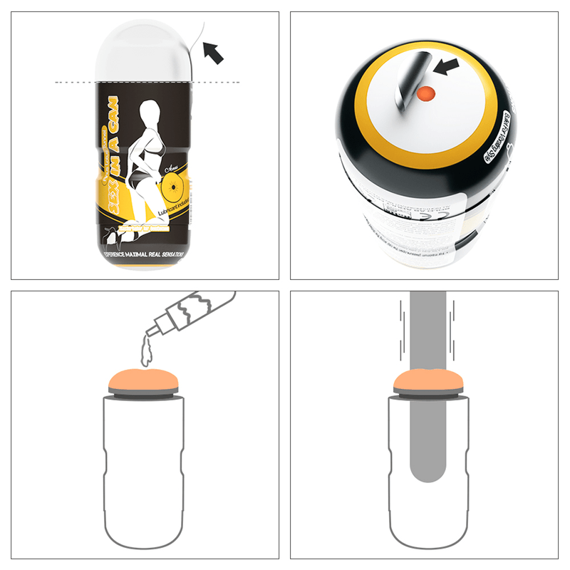 Instrucciones de uso de la funda masturbadora. Se muestra cómo abrir el envase, aplicar lubricante en la entrada y utilizar el producto correctamente.