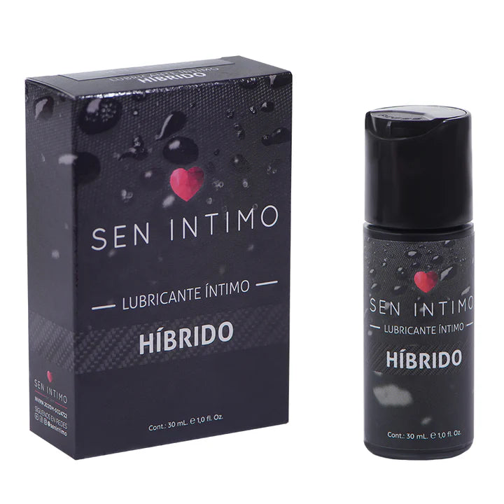 Lubricante íntimo híbrido Sen Íntimo de 30 ml con caja negra elegante, presentación compacta ideal para viajes o uso personal.