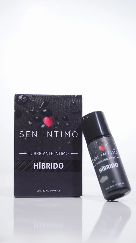 Presentación de lubricante híbrido Sen Íntimo 30 ml junto a su empaque, ideal para experiencias íntimas prolongadas.
