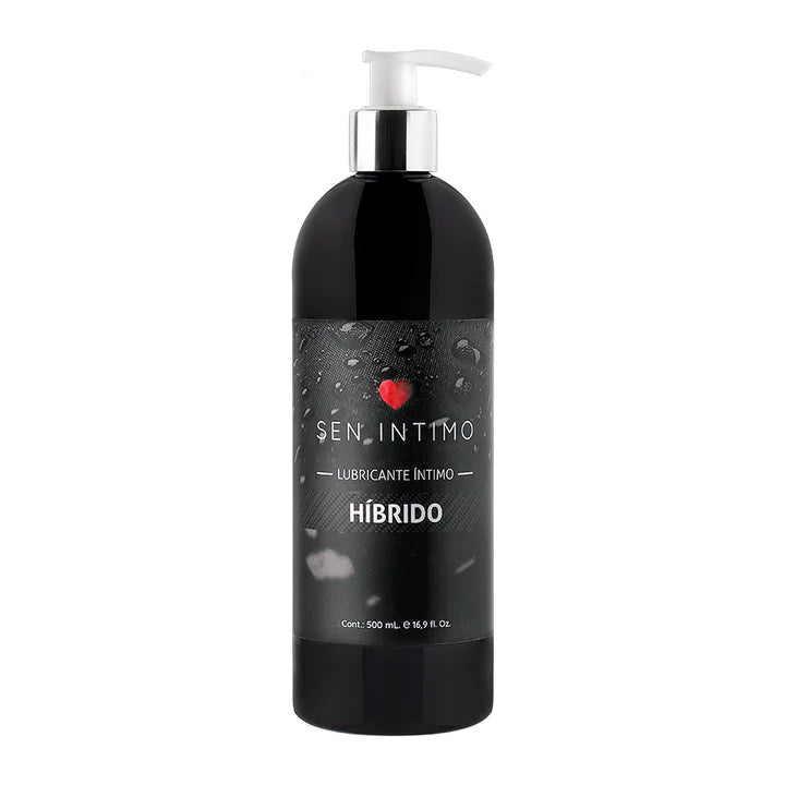 Botella de 500 ml de lubricante íntimo híbrido Sen Íntimo, con diseño elegante en color negro y dosificador superior.
