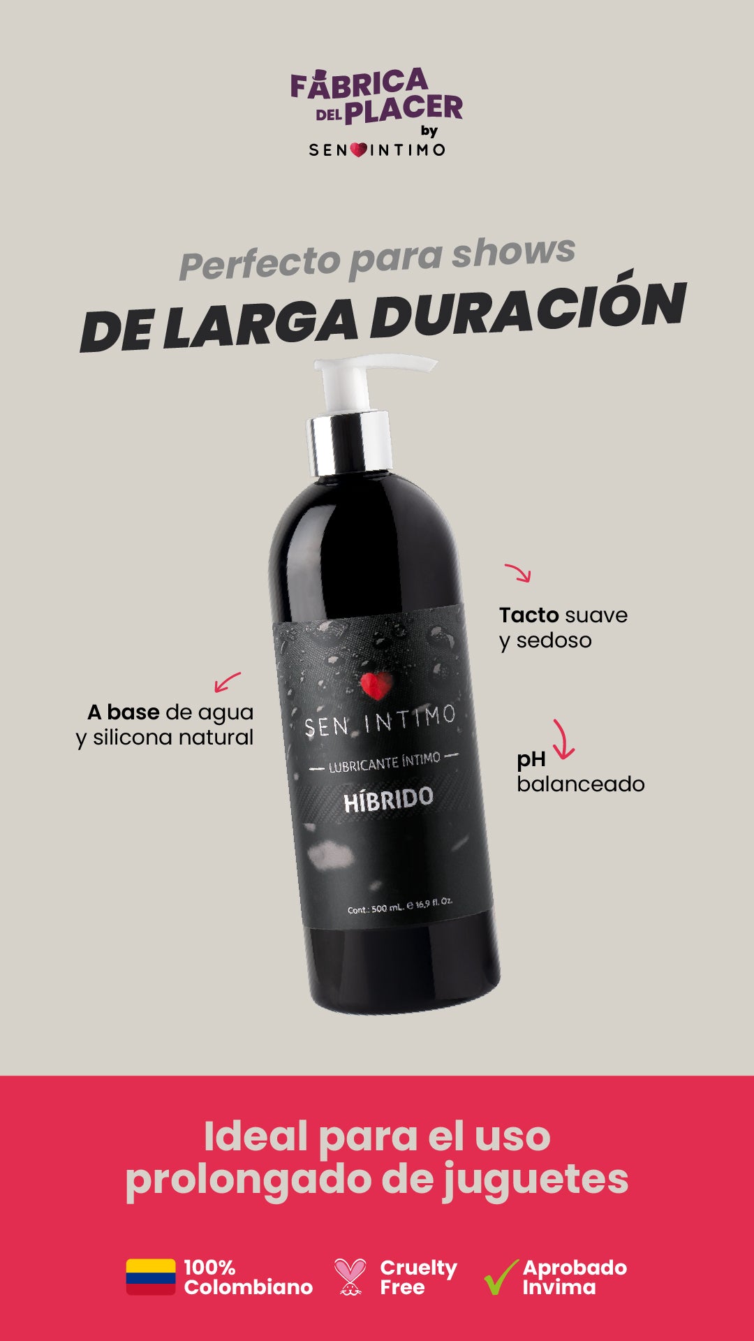 Lubricante híbrido Sen Íntimo de 500 ml, con descripción de beneficios: larga duración, textura sedosa, pH balanceado y base de agua con silicona natural.
