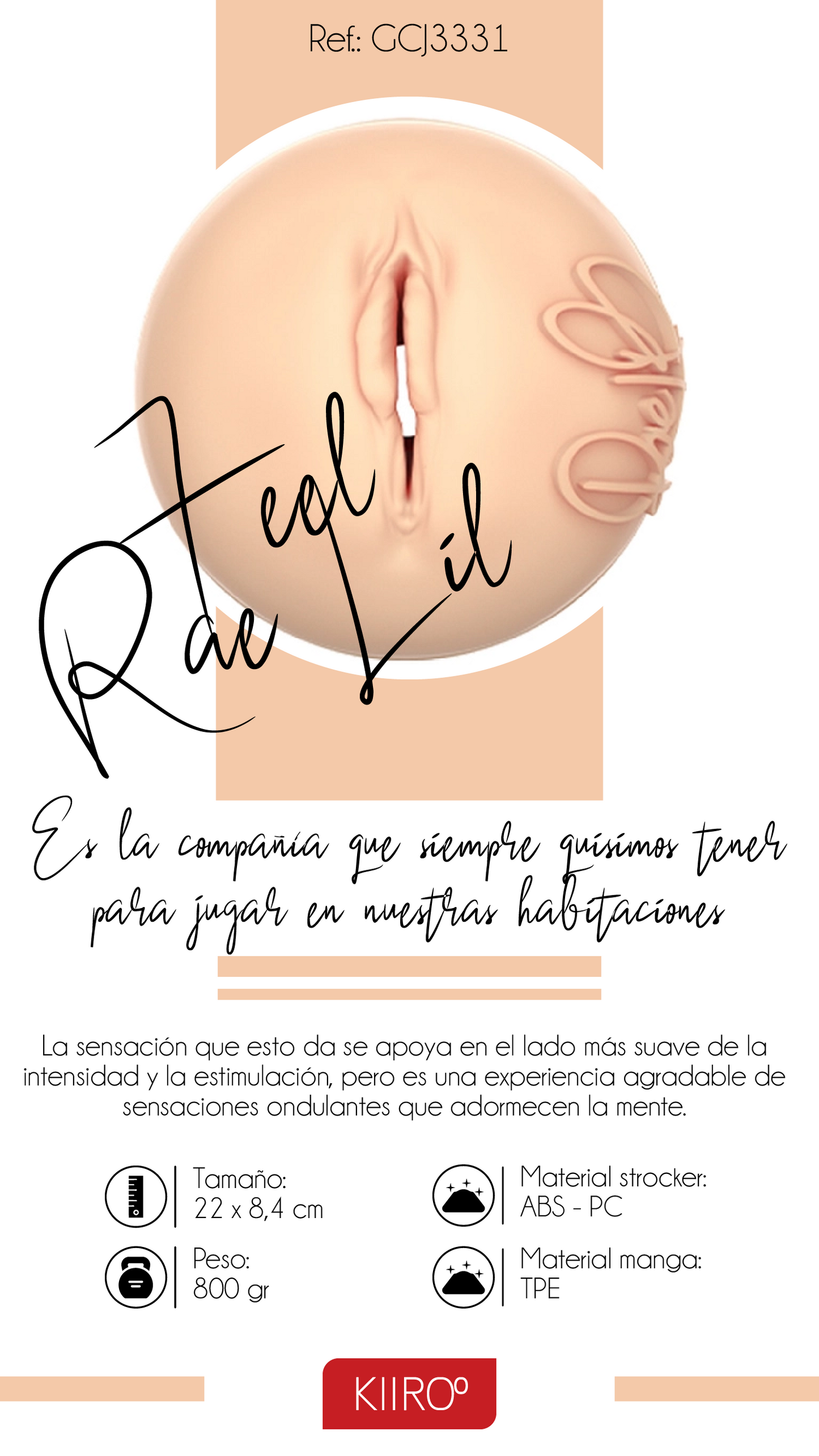 Infografía del masturbador Feel Rae Lil Black by Kiiroo con especificaciones de tamaño, peso y materiales de fabricación.