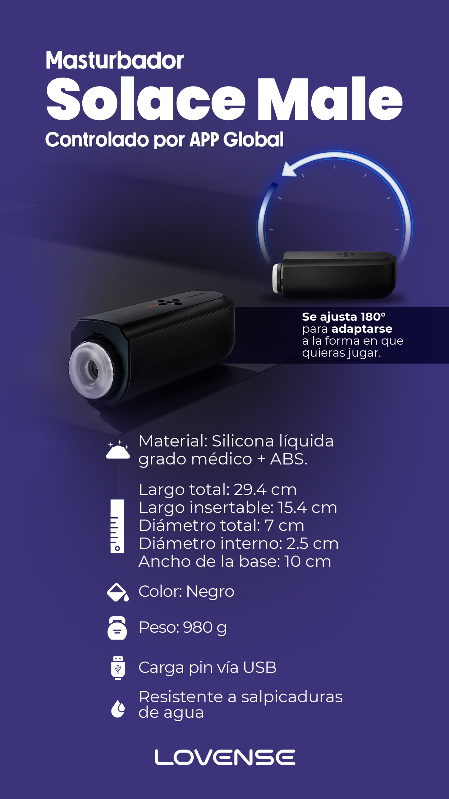 Masturbador Lovense Solace Male para hombres, controlado por aplicación global. Diseño ergonómico con ajuste de 180° para mayor comodidad. Especificaciones detalladas como material de silicona líquida, dimensiones y compatibilidad con carga USB.