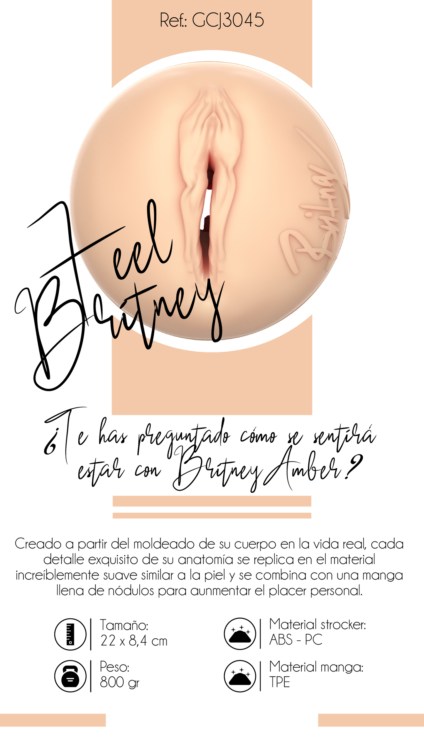 Infografía del Masturbador realista Britney Amber con especificaciones detalladas. Incluye información sobre su tamaño, peso y materiales, destacando su textura interna y realismo extremo.