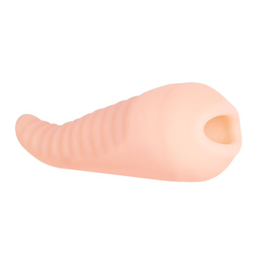 Vista lateral del masturbador, mostrando su forma ergonómica y su textura exterior con relieves ondulados.