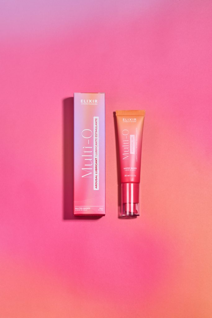 Lubricante estimulante Multi-O Elixir con extractos de ginseng, ginkgo biloba y L-arginina, ideal para elevar el deseo sexual.