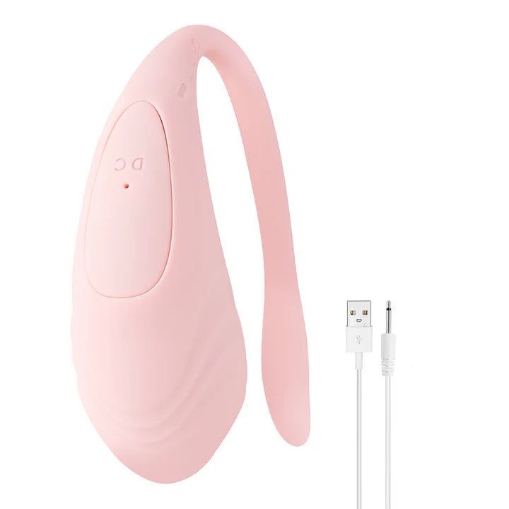 Estimulador Vibe Egg Self-Love rosado mostrando puerto de carga y cable USB incluido.