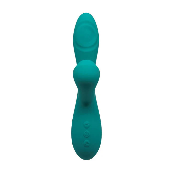 Vista frontal del vibrador azul Caribbean Shine mostrando botones de control y diseño de doble estimulación
