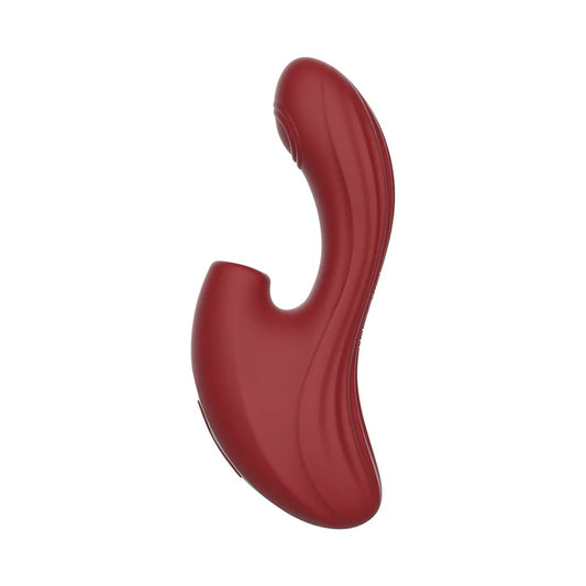 Vista lateral del vibrador doble Nymph color vinotinto, con diseño curvo ergonómico para doble estimulación