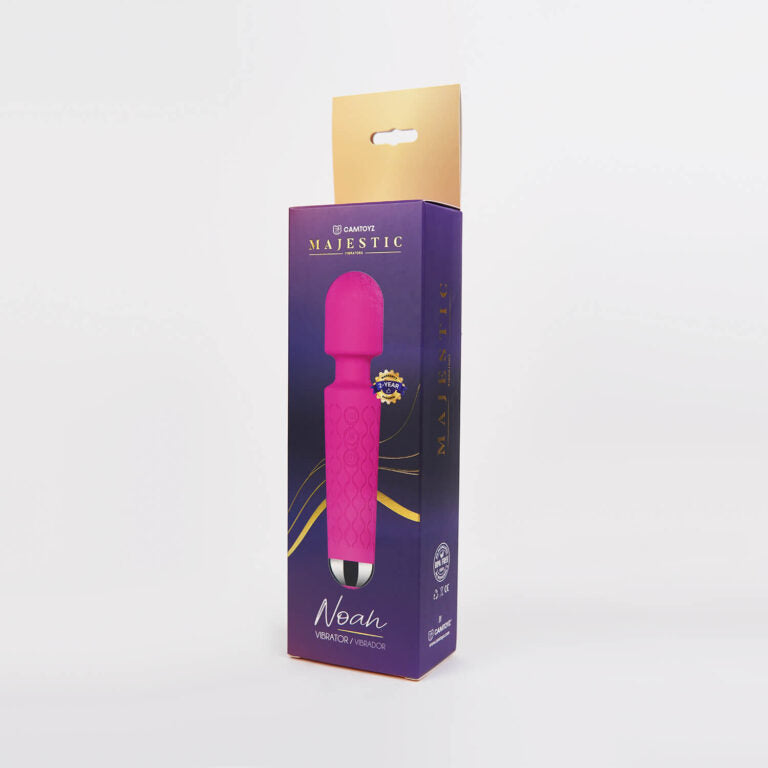 Empaque del Vibrador Tipo Hitachi Noah Majestic rosa, vista diagonal.