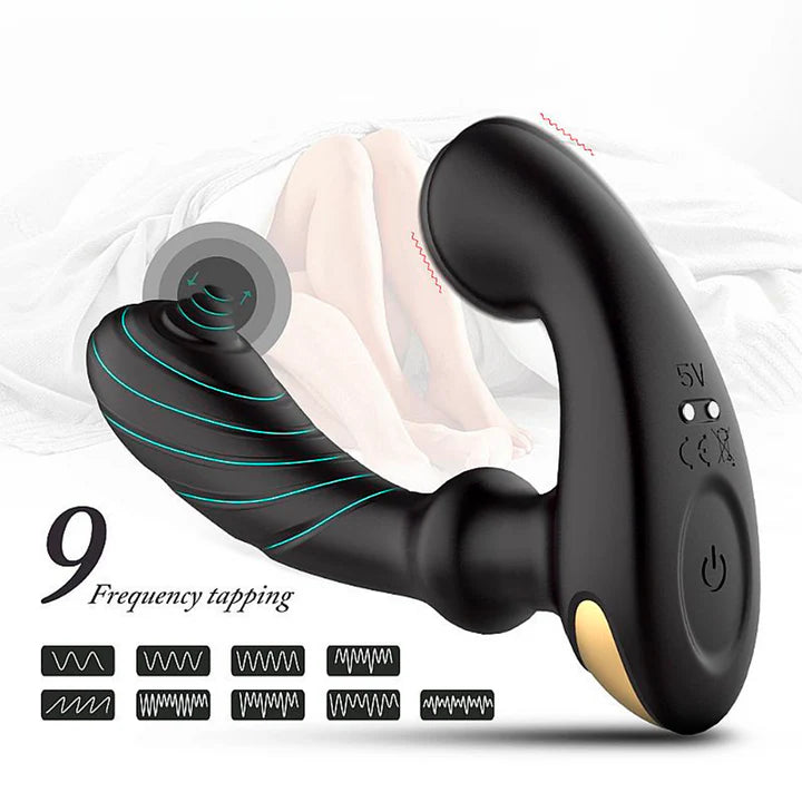 Masajeador de próstata con detalle de sus 9 modos de vibración y estimulación de punta.