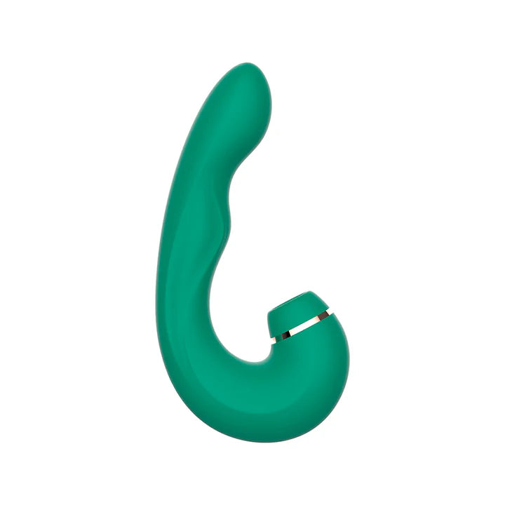 Vibrador doble Siren Green con estimulador clitorial por succión y cuerpo curvo para punto G