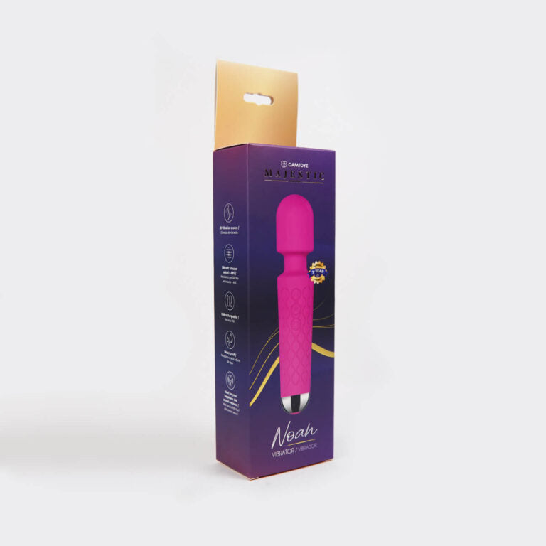 Caja del Vibrador Tipo Hitachi Noah Majestic color rosa, vista en ángulo.