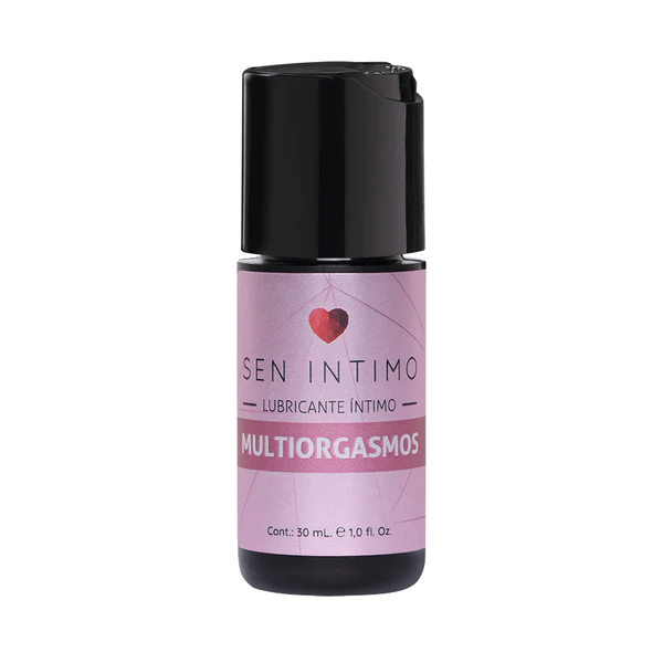 un envase compacto de "Lubricante Íntimo Multiorgasmos Sen Intimo". El empaque es predominantemente morado con detalles en rosa y blanco, destacando una etiqueta con un corazón rojo y el nombre del producto. El frasco es pequeño y portátil, con una tapa negra y una capacidad de 30 mL