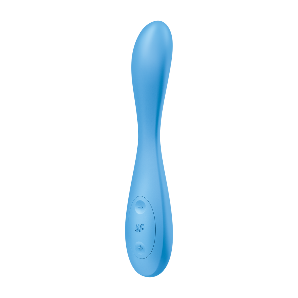Vibrador Satisfyer G-Spot Flex 4 en tono azul celeste con control de botones visibles, diseño ergonómico y curvatura para la estimulación del punto G, presentado sobre un fondo negro para destacar su forma