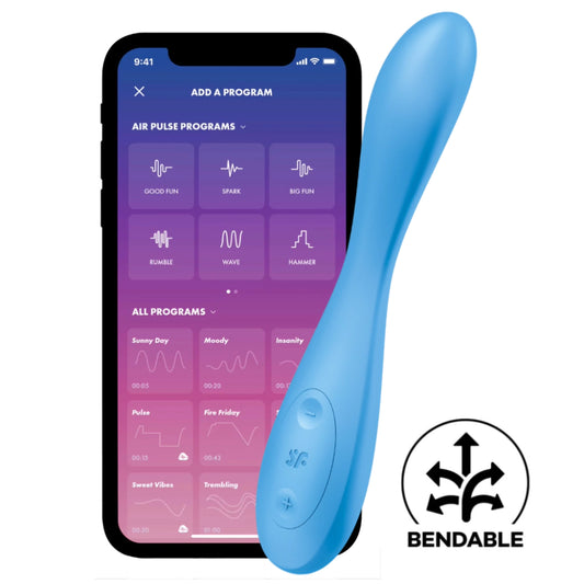 Vibrador Satisfyer G-Spot Flex 4 mostrado junto a un smartphone que exhibe la app Satisfyer Connect con opciones de programación de vibración, resaltando la característica de personalización y el diseño flexible del juguete.