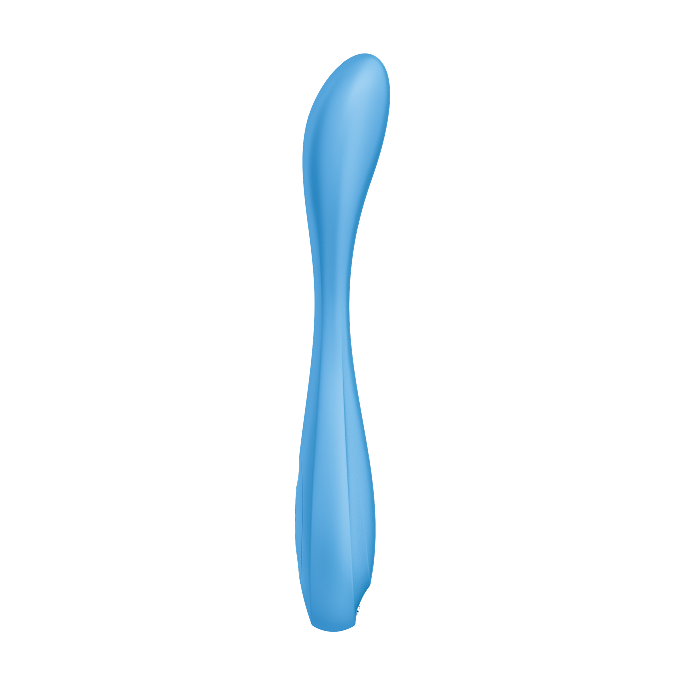 Vista lateral del Satisfyer G-Spot Flex 4, resaltando su perfil delgado y su forma ondulada que favorece la estimulación interna, en un tono azul uniforme sobre fondo blanco.