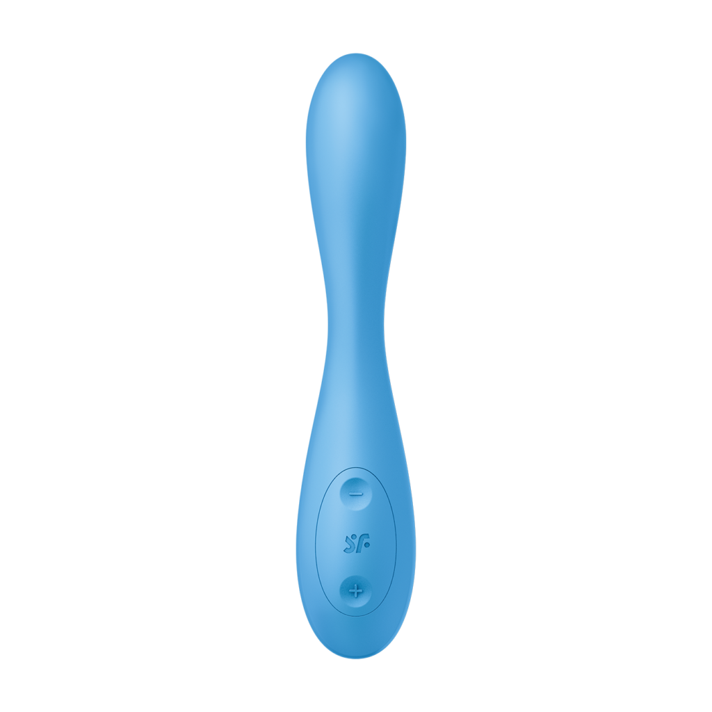 Vista superior del Satisfyer G-Spot Flex 4, enfocando la textura suave y las líneas elegantes que caracterizan al juguete sexual, con el azul celeste como color predominante sobre fondo blanco.