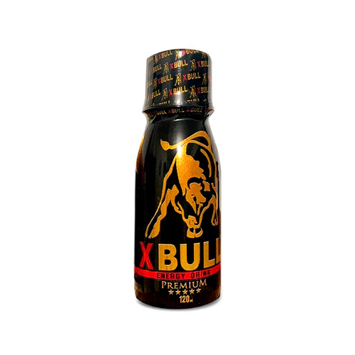 Botella negra y dorada de X-Bull, destacando su contenido energético y afrodisíaco