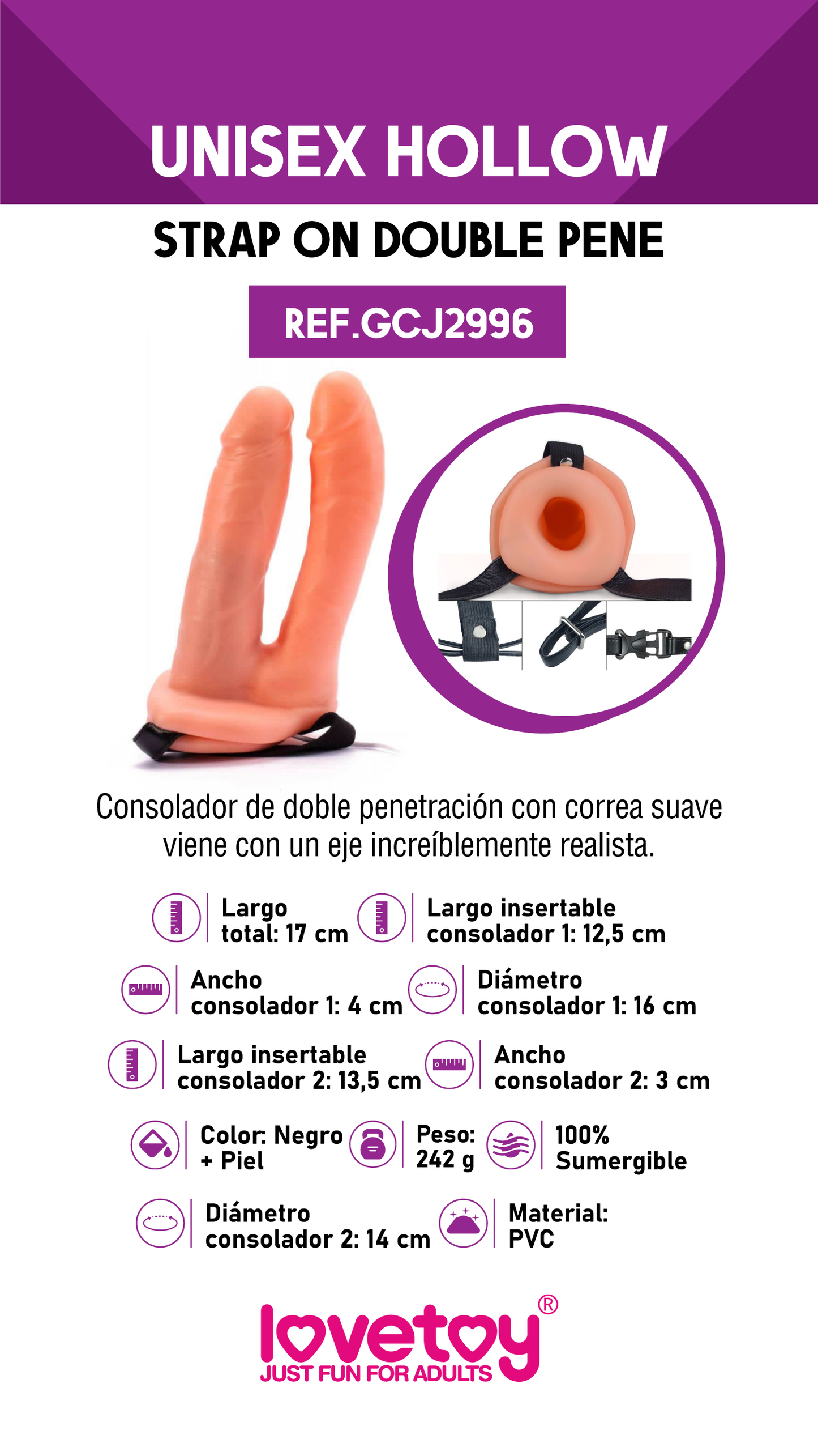 Arnés Ajustable Dildo Doble Penetración Unisex Hueco de 17 cm
