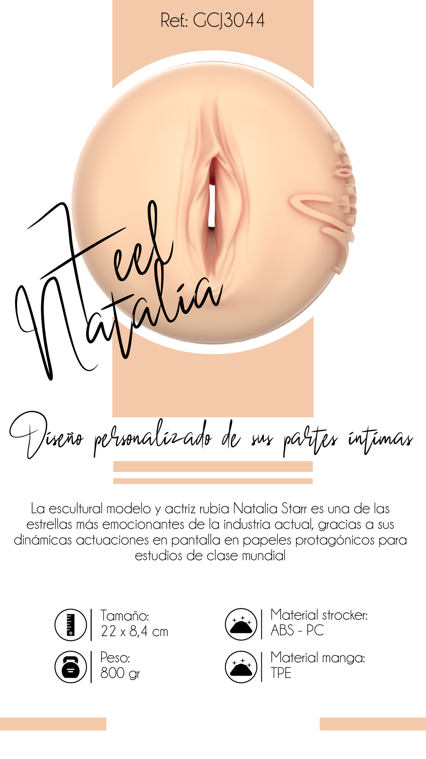 Infografía con detalles del Masturbador Feel Natalia Starr, incluyendo especificaciones como tamaño (22 x 8.4 cm), peso (800 g), y materiales (TPE para la funda y ABS-PC para la carcasa).