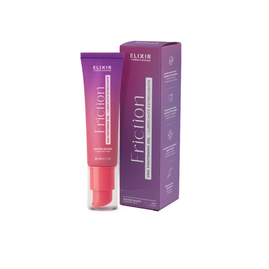 Lubricante estrechante Friction Elixir de 30 ml a base de agua con aloe vera. Presentación en tubo dispensador rosa degradado y caja morada, ideal para intensificar el placer íntimo femenino.