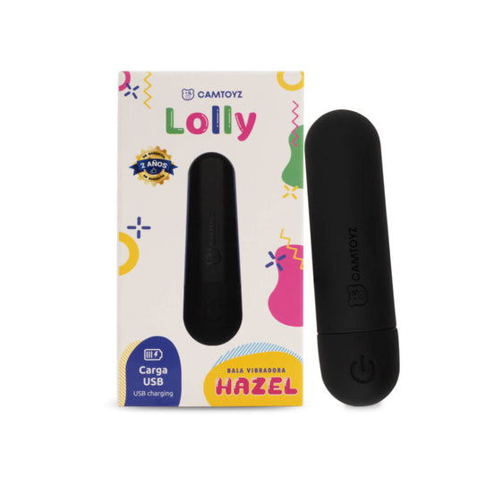Bala Vibradora Hazel posicionada junto a su empaque original de CamToyz, perfecta para regalar o guardar.