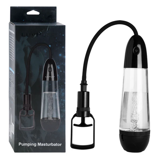 Empaque de la bomba masturbadora Pumping junto al producto ensamblado mostrando presentación de venta.