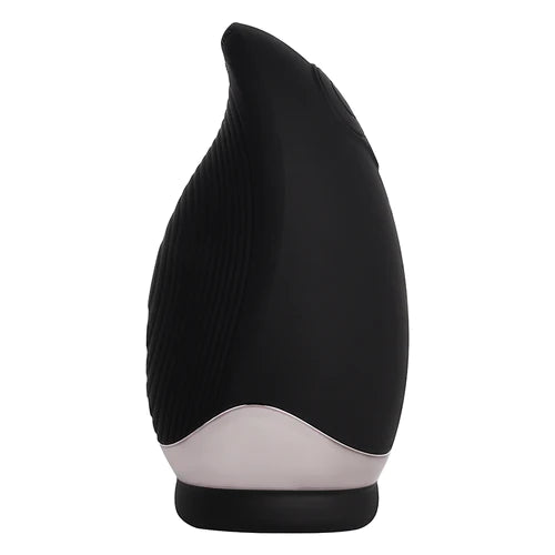 Una vista frontal del Masturbador Atlanta, un dispositivo de placer masculino con un diseño elegante en color negro y detalles plateados en la base.