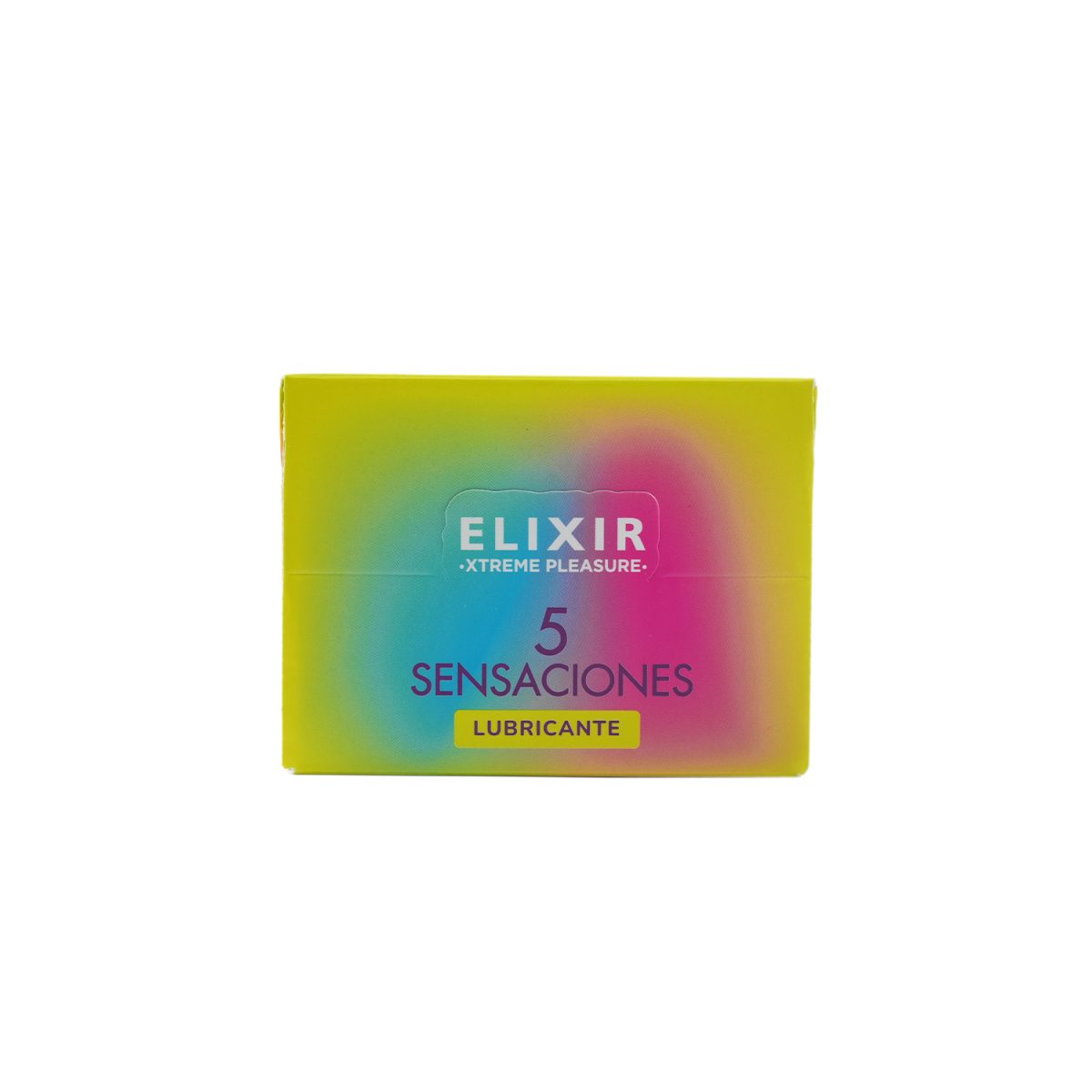 Vista frontal de la caja del lubricante íntimo 5 Sensaciones Elixir, con diseño colorido y vibrante.