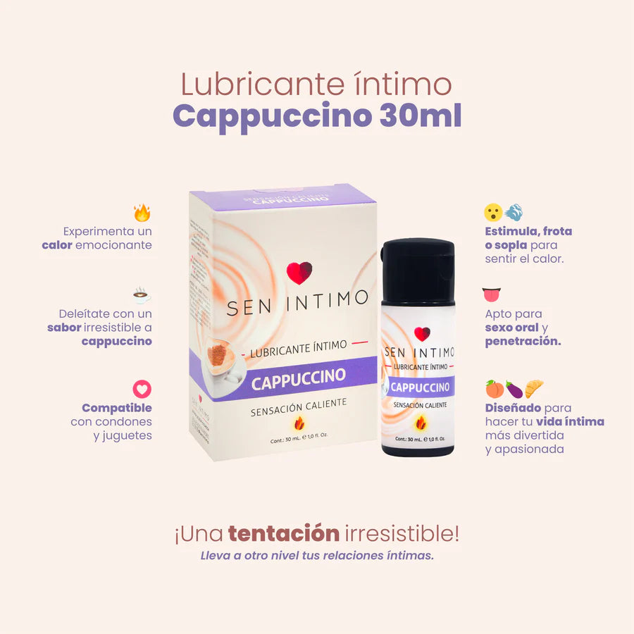 Características del lubricante Cappuccino Sen Íntimo: base de agua, vegano, sin parabenos, aceite ni gluten.