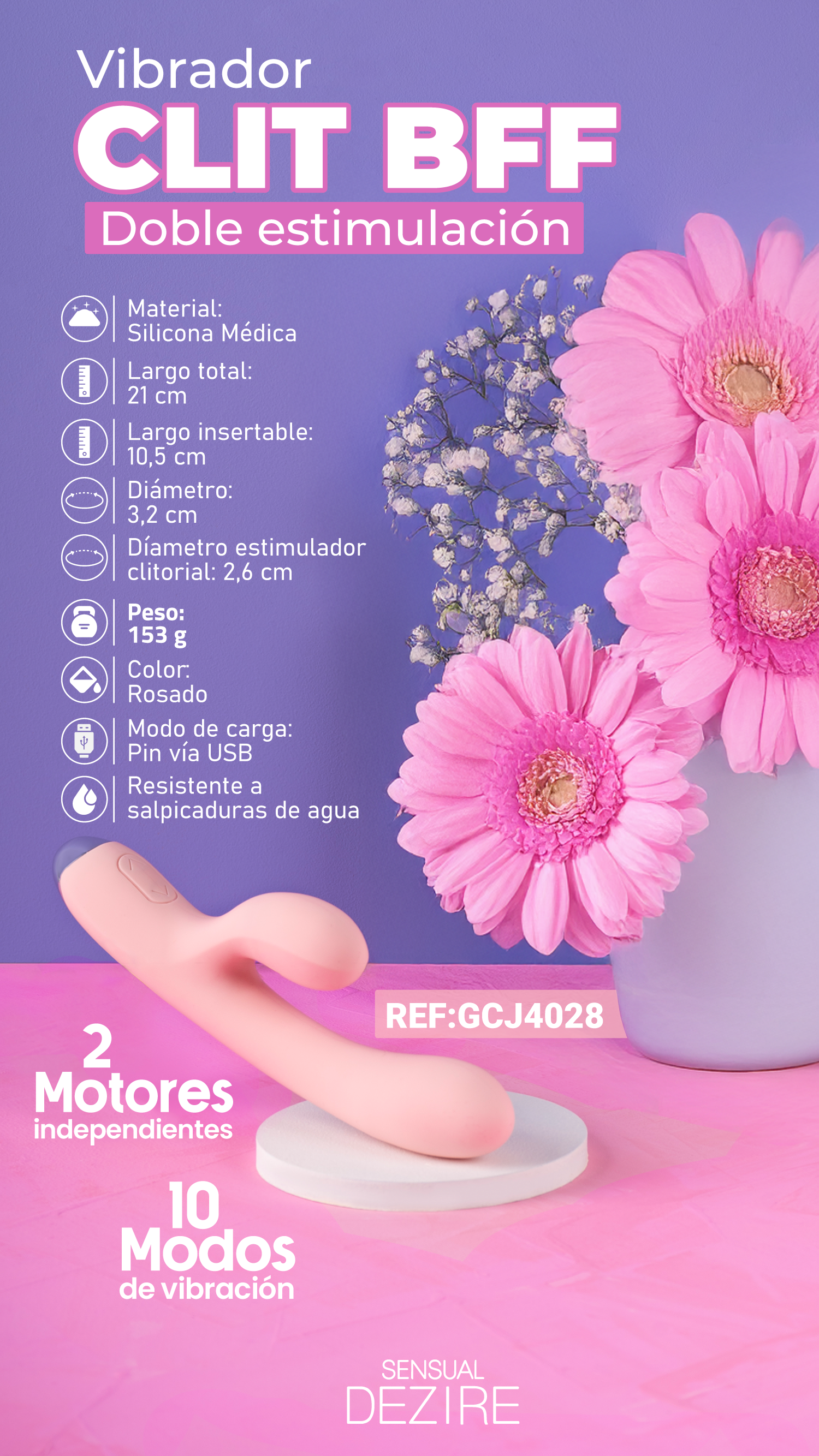 Ficha técnica del vibrador Clit BFF destacando largo de 21 cm, doble motor, 10 modos de vibración y resistencia al agua.