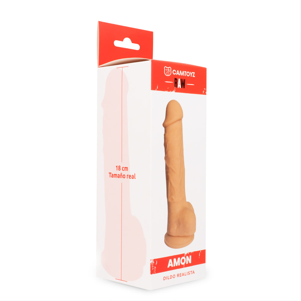 Empaque del dildo Amon con referencia visual del tamaño real de 18 cm
