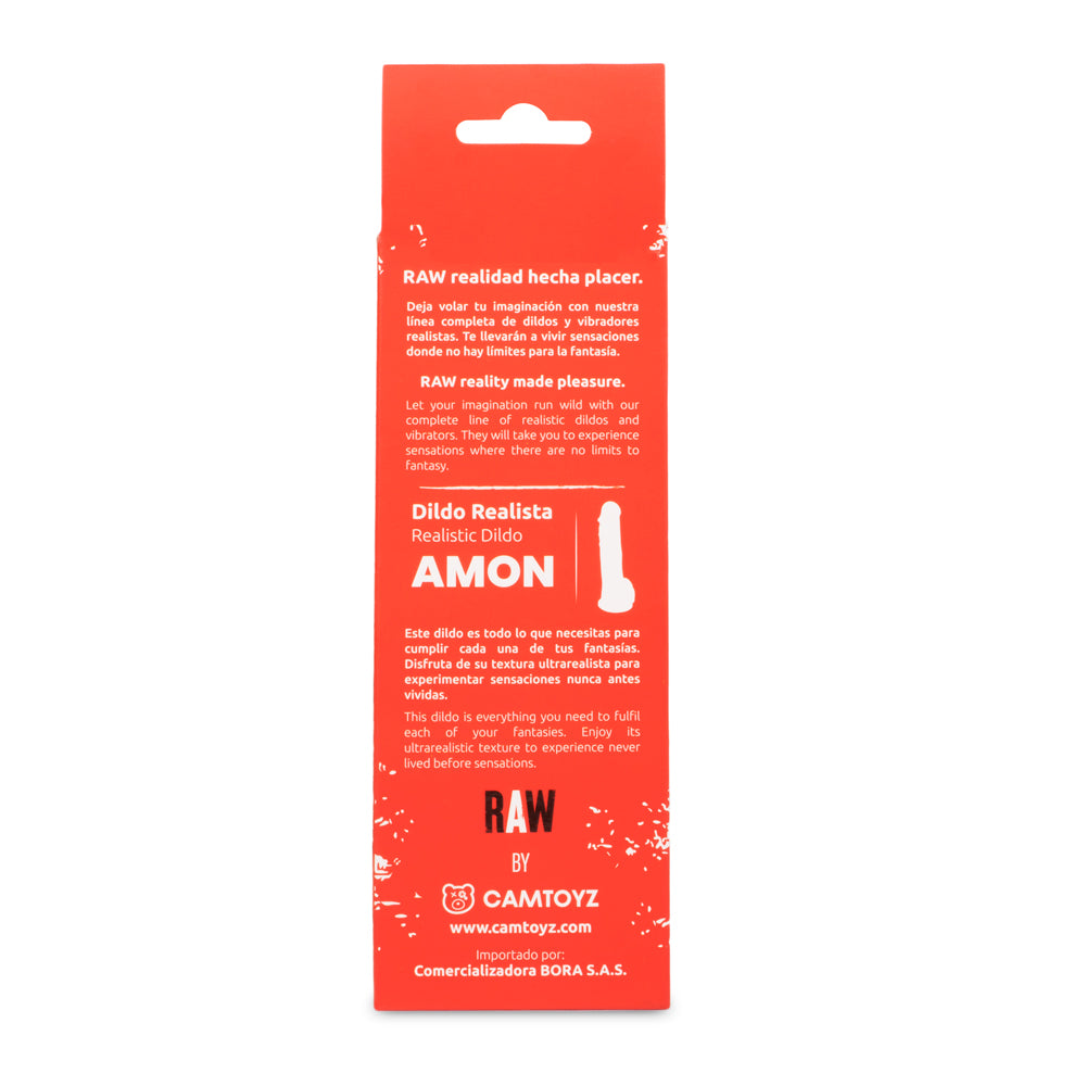 Parte trasera del empaque del dildo Amon con descripción promocional en español e inglés.
