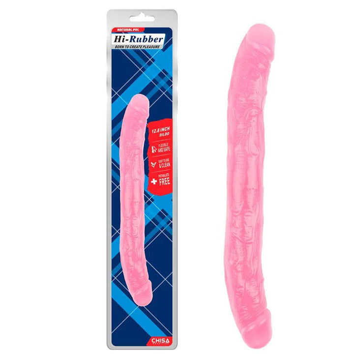 Dildo rosa de doble penetración de 32.5 cm en su empaque original, mostrando la flexibilidad y textura realista del juguete